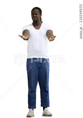 A man in a white T-shirt on a White background put his arms forward 110249552