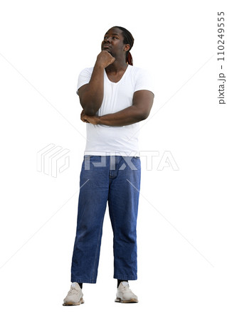 A full-length man in a white T-shirt on a White background thinks A full-length man in a white T-shirt on a White background thinks 110249555