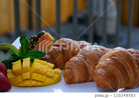 delicious croissant with fruits on a white plate serving cleanliness tidiness expensiveness the best lunch beautiful morning care care dear life delicious yamiyami delicious croissant with fruits on a white plate serving cleanliness tidiness expensiveness the best lunch beautiful morning care care dear life delicious yamiyami 110249563