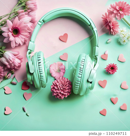 3D mint headphones on a pink, mint background with pink flowers. Concept of listening to music, audio books, learning languages, happy life 3D mint headphones on a pink, mint background with pink flowers. Concept of listening to music, audio books, learning languages, happy life 110249711