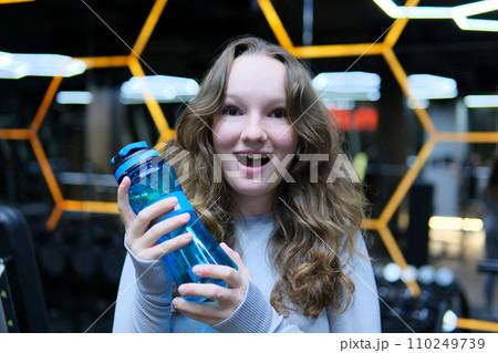 photo set protein. process of coming to gym from toilet locker room to exercise equipment. Woman exercise workout in gym fitness training sport with dumbbell bodybuilding, Athlete builder muscles 110249739