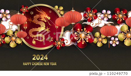 Chinese New Year. Flower garland with balloons and dragon in a round frame Chinese New Year. Flower garland with balloons and dragon in a round frame 110249770