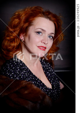 Beauty Fashion Model Girl in Fox Fur Coat. Beautiful Woman in Luxury Red Fur Jacket Beauty Fashion Model Girl in Fox Fur Coat. Beautiful Woman in Luxury Red Fur Jacket 110249925