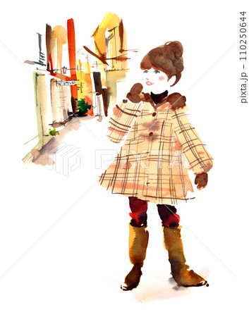 イラスト　路地　少女　水彩画　オシャレ　秋　冬 110250644