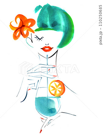 トロピカルジュース　飲む　女性　カラフル　手描き　水彩イラスト 110250685