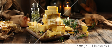 AI-generated content. Cheese mix on wooden plate still-life. Ai Generative. 110250754