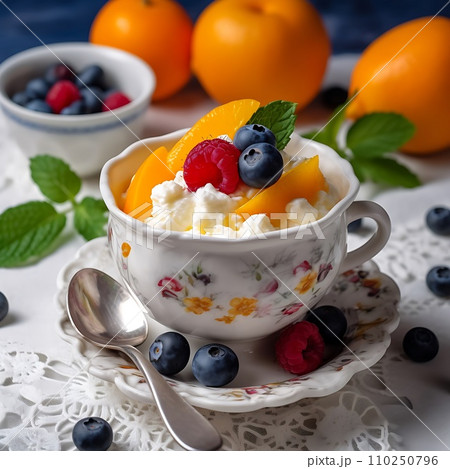 AI-generated content. Cottage cheese with fruits in a cup on a beautiful saucer, healthy eating concept. Delicious breakfast 110250796