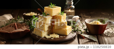 AI-generated content. Cheese mix on wooden plate still-life. Ai Generative. 110250810