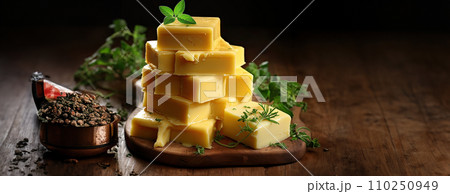AI-generated content. Cheese mix on wooden plate still-life. Ai Generative. 110250949