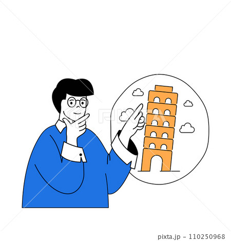 Travel concept with cartoon people in flat design for web. Man going to Italy trip with sightseeing excursions to national landmarks. Vector illustration for social media banner, marketing material. 110250968