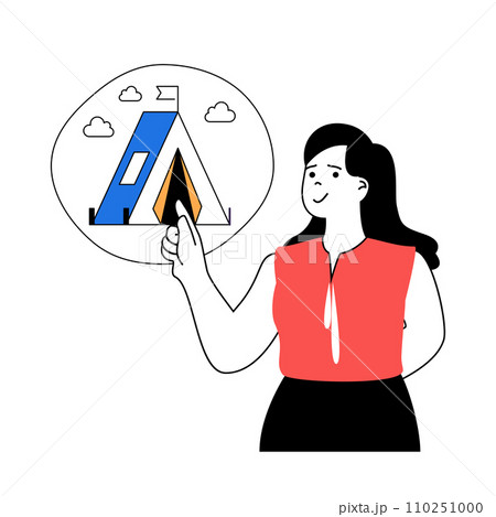 Travel concept with cartoon people in flat design for web. Woman going in summer camping vacation with tent and outdoors hiking. Vector illustration for social media banner, marketing material. 110251000