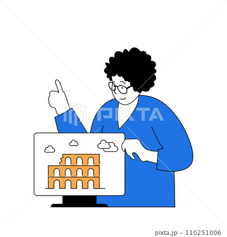 Travel concept with cartoon people in flat design for web. Woman planning vacation trip to Italy and researching country information. Vector illustration for social media banner, marketing material. 110251006