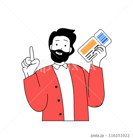 Travel concept with cartoon people in flat design for web. Man with flight ticket going to resort vacation with landmark sightseeing. Vector illustration for social media banner, marketing material. 110251022