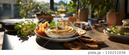 AI-generated content. Hummus in a wooden plate with parsley and croutons. Dishes of chickpeas, a vegetarian dish. Ai Generative. 110251036