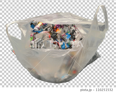 A translucent plastic bag containing plastic recyclable waste 110251532