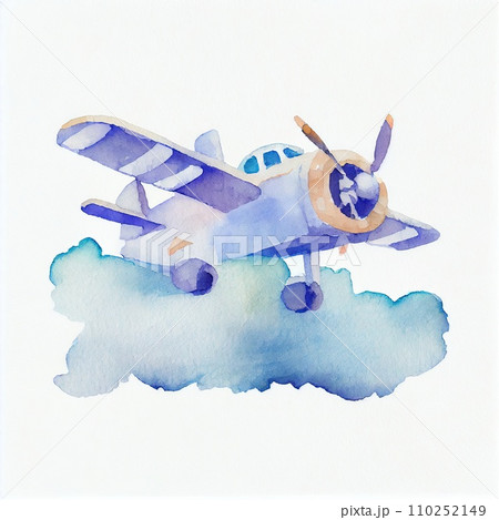 Cute watercolor airplane on white background. Cartoon style. 110252149