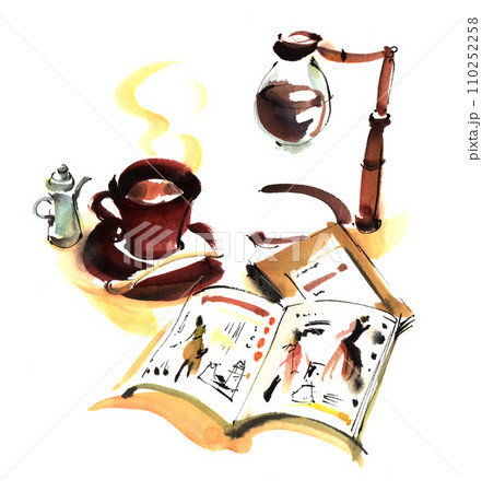コーヒー　雑誌　休憩　お洒落　手描き　水彩　イラスト 110252258