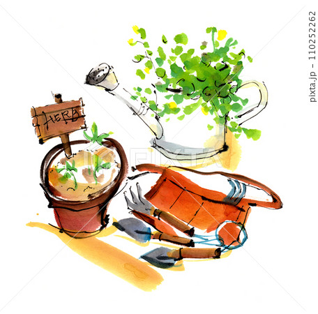 スコップ　シャベル　ガーデニング　エプロン　鉢植え　ハーブ　お洒落　手描き　水彩　イラスト 110252262