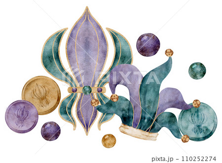 Hand drawn watercolor Mardi Gras carnival symbols. Jester fool hat, jingle bells, fleur de lis French lily iris beads. Composition isolated on white background. Design party invitation, print, shop Hand drawn watercolor Mardi Gras carnival symbols. Jester fool hat, jingle bells, fleur de lis French lily iris beads. Composition isolated on white background. Design party invitation, print, shop 110252274