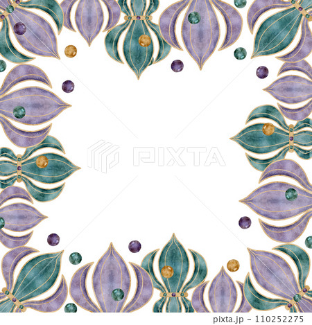 Hand drawn watercolor Mardi Gras carnival symbols. Fleur de lis lily French flower, glass beads baubles confetti. Square frame isolated on white background. Design for party invitation, print, shop Hand drawn watercolor Mardi Gras carnival symbols. Fleur de lis lily French flower, glass beads baubles confetti. Square frame isolated on white background. Design for party invitation, print, shop 110252275