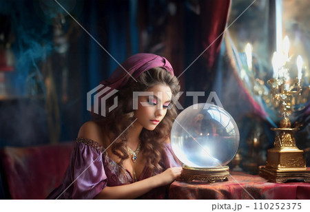水晶占いをする美しい女性 「AI生成画像」 水晶占いをする美しい女性 「AI生成画像」 110252375