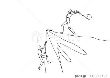 Continuous one line drawing smart robot climbs cliff with rope. Almost successful. Rudely dropped by a business friend. Fake partner. The worst teamwork. Single line draw design vector illustration 110252392