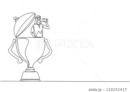 Continuous one line drawing Arabian businessman appears out of trophy looking for something through binoculars. Winner. Undoubted business success. Single line draw design vector illustration 110252417