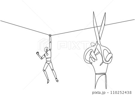 Continuous one line drawing the robot hanging from rope. A big hand that want to cut the rope. Maintaining a nearly useless business. Thwarted by traitors. Single line draw design vector illustration Continuous one line drawing the robot hanging from rope. A big hand that want to cut the rope. Maintaining a nearly useless business. Thwarted by traitors. Single line draw design vector illustration 110252438