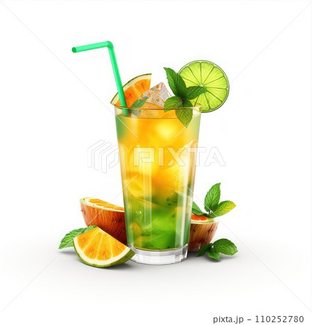 Refreshing lemonade or tropical alcoholic cocktail with lime orange and mint isolated on white background. 110252780