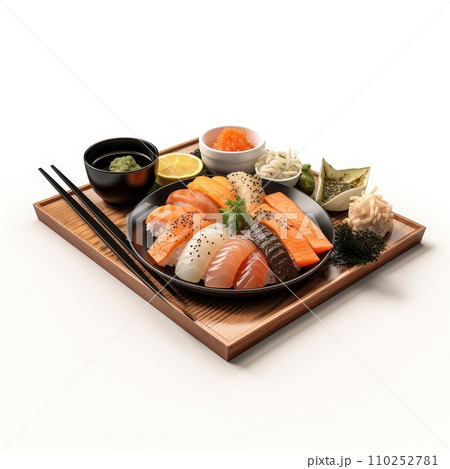 Food Japanese cuisine. Sashimi, sushi and soy sauce 110252781