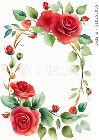 Watercolor frame made with rose flowers and leaves on white paper background. Generative Ai. 110253065
