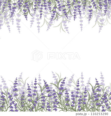 Floral purple-lavender border made of lavender flowers and leaves, for the design of postcards, invitations, banners, packaging and wallpaper. A frame for your design. Vector illustration 110253290
