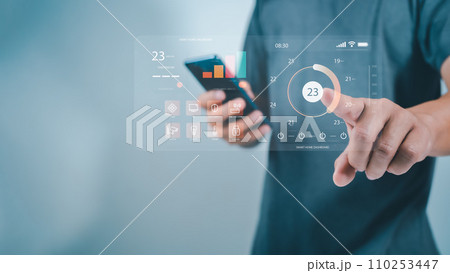 Human pointing fingers to use smart applications, Smart home concept, Smart home Automation Control System, Smart home dashboard interface control connected devices and set up automations. 110253447