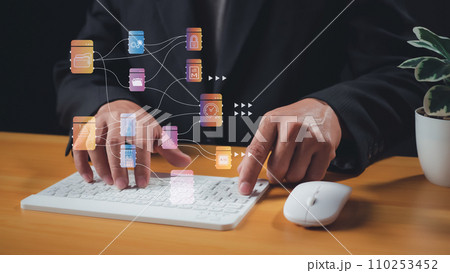 Folder document Management System DMS Open File folder with flying blank documents with computer. Data transfer backup, File Sharing, Document Transferring concept. searching and managing files. Big 110253452