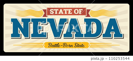 USA Nevada vintage vector sign, retro travel plate. American state travel and tourism destination, battle born old greeting banner and postcard design. Carson City capital, Las Vegas city 110253544