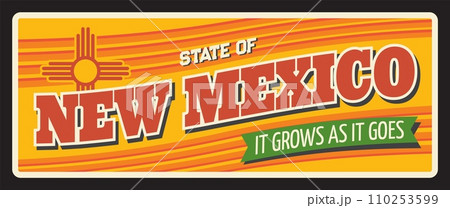 New mexico US state retro travel plate, retro board, postcard, antique signboard. Vector old plaque, vintage touristic landmark plaque of Santa Fe capital. Sign for travel destination 110253599