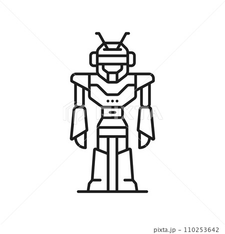 Alien futuristic robot line and outline icon. Chatbot vintage robot symbol or icon, autopilot humanoid bot or alien cyborg artificial intelligence, mantis insect android thin line vector pictogram 110253642