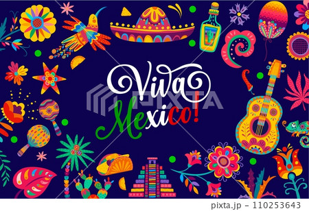 Viva Mexico banner with tropical flowers, sombrero and tex mex cuisine. National independence day poster. Vector greeting card with hummingbird, pyramid, guitar and maracas with tequila or pinata Viva Mexico banner with tropical flowers, sombrero and tex mex cuisine. National independence day poster. Vector greeting card with hummingbird, pyramid, guitar and maracas with tequila or pinata 110253643