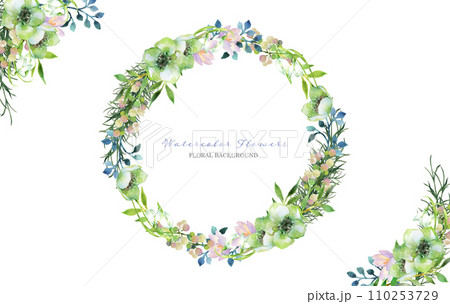 水彩で描いた緑と白の花のリースとデコレーション 110253729