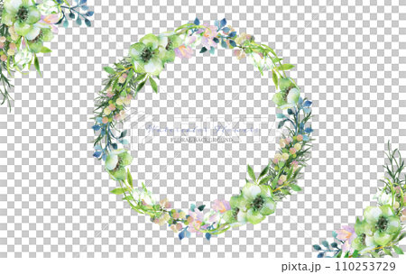 水彩で描いた緑と白の花のリースとデコレーション 110253729