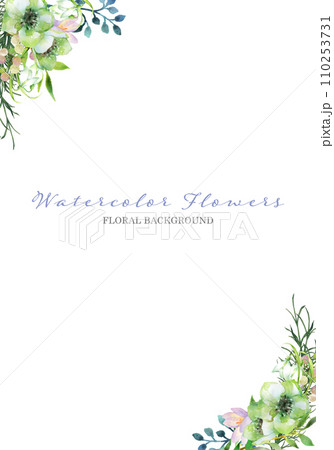 水彩で描いた緑と白の花のフレーム 水彩で描いた緑と白の花のフレーム 110253731