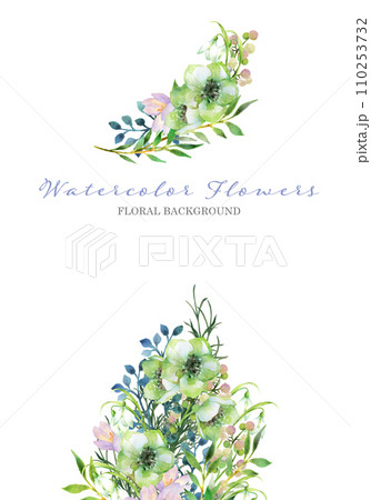 水彩で描いた緑と白の花のブーケ 110253732