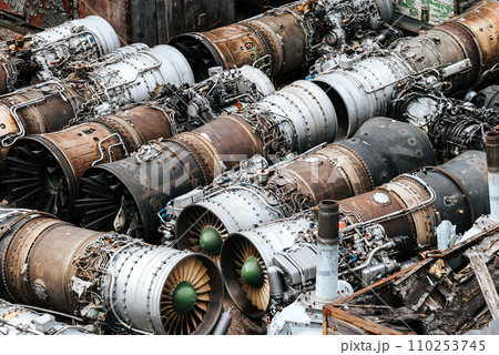 scrap metal dump. old aircraft parts. decommissioned aircraft engines. industry, scrap metal recycling scrap metal dump. old aircraft parts. decommissioned aircraft engines. industry, scrap metal recycling 110253745