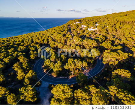 Aerial Shot of Horseshoe Bend in Pine Forest Overlooking the Sea Aerial Shot of Horseshoe Bend in Pine Forest Overlooking the Sea 110253933