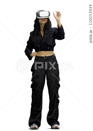 A woman in black clothes, on a white background, full-length, wearing VR glasses 110253934