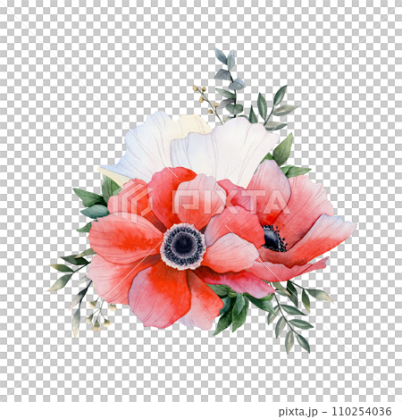 Red and white anemone flowers bouquet with eucalyptus and grass watercolor floral illustration isolated on white. Field poppy for logo design, wedding invitations and prints 110254036