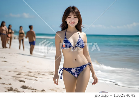 青空をバックに健康的に微笑むビキニ姿の若い日本人女性 AI generated 110254045