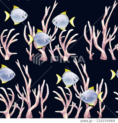 Seamless pattern with corals and exotic small fishes moonyfish. Watercolor illustration on dark backround for wrapping, fabric, textile 110254069