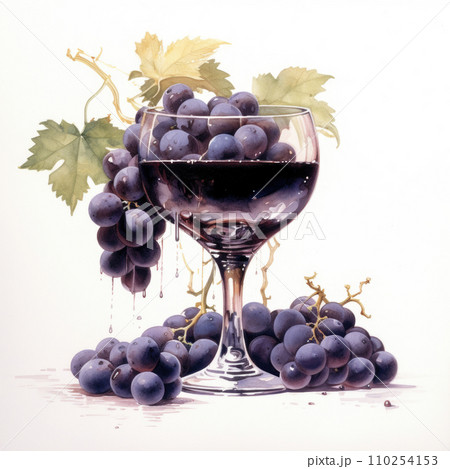 AI-generated content. Stylish watercolor illustration. A glass of wine with a branch of grapes inside. 110254153