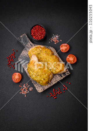 Delicious meat fried with Dijon mustard with salt, spices and herbs 110255045